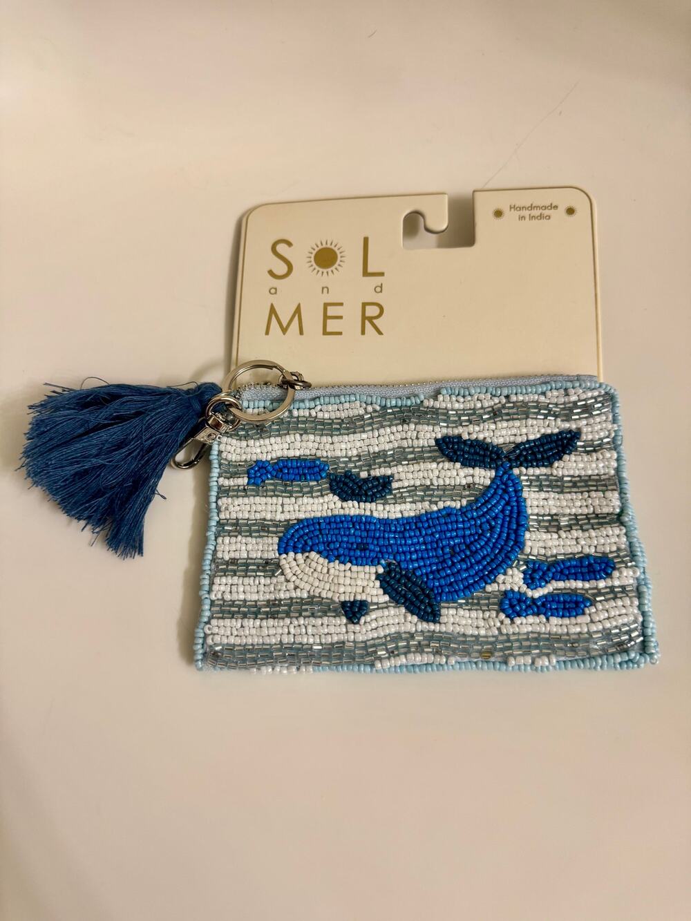 Sol & Mer Beaded Whale Coin Purse Mini Zipper Pouch Tassel Bag Charm NWT